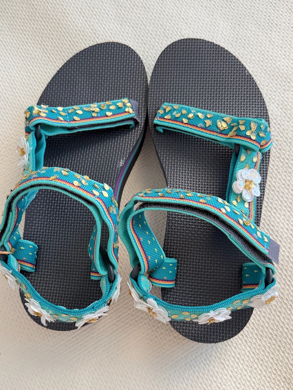 Teva turquoise strap sandals with gold sequins